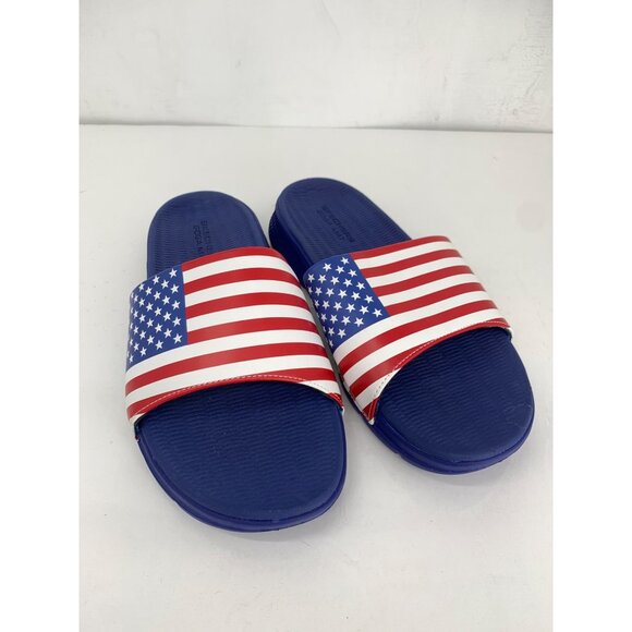 Skechers Mens 10 Yoga Mat Slide Sandals WNVR United States Flag Red White Blue U - Picture 1 of 8